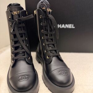 CHANEL Black Leather Combat Boots